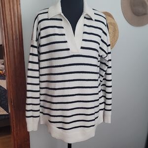 LOFT Black  and White Striped V-Neck Sweater